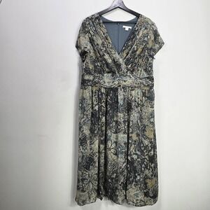 Coldwater Creek Midi Dress 18 Abstract V Neck Short Sleeve Gathered Waist Church